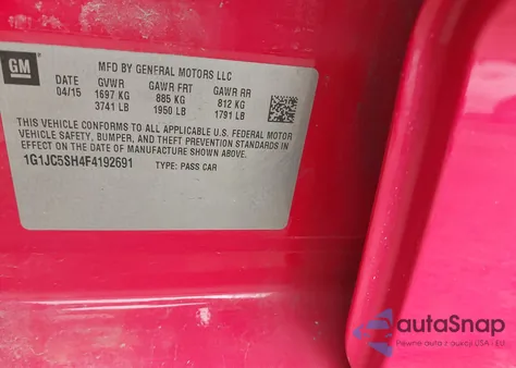 2015 Chevrolet Sonic Lt Auto из США, поврежденный, VIN 1G1JC5SH4F4192691